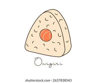 Onigiri, Japanese food. Seafood, salmon, rice. Rice food with stuffing. Japanese rice ball. Traditional asian cuisine. Vector linear sketch illustration on white background For menu, recipe, cafe