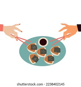 Onigiri, omusubi, nigirimeshi, or Japanese rice ball. Isolated a plate of Onigiri with chopstick on white background. Asian food drawing vector illustration. Close up realistic vector drawing.