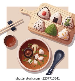 Onigiri on the board and miso soup. Japanese food, healthy eating, cooking, menu, nutrition concept. Vector illustration. Square card, poster, cover.