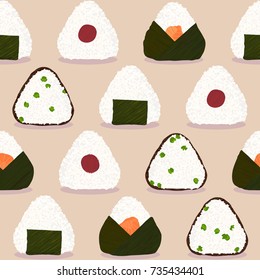 Onigiri pattern. Japanese sticky rice balls. Seamless pattern. Stuffed with green peas. With Pickled plum. Wrapped in nori seaweed. Filled with salmon. Asian snack. Lunch texture. Illustration.