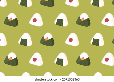 Onigiri pattern on green background. Japanese rice ball filled with Umeboshi (Japanese pickled plum) and salmon, wrapped with Nori ( Dried edible seaweed). Food cartoon pattern for decoration.