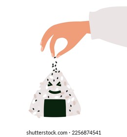 Onigiri preparation. Kawaii smiling character. Human hand rashes sesame on onigiri. Traditional japanese food. Gourmet snack from Japan cuisine. Vector flat illustration For menu, recipe, restaurant.
