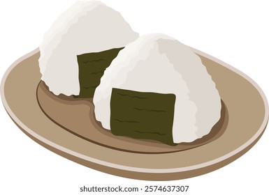 Onigiri Rice Ball Japanese Food on Plate Illustration Isolated on White Background