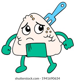 Onigiri rice balls are afraid of being eaten with the fork stuck in, vector illustration art. doodle icon image kawaii.