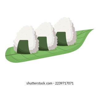 Onigiri rice balls on a bamboo sheet. Vector illustration.