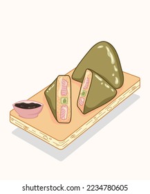 Onigiri rice balls with sauce on a board. Asian food, Japanese food, Korean food. Sliced onigiri rice ball filled with fish, avocado, cucumber covered with nori. 