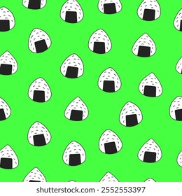 Fondo de patrón transparente Onigiri. Motivo de Onigiri en forma verde. Bola de arroz japonesa envuelta con algas marinas