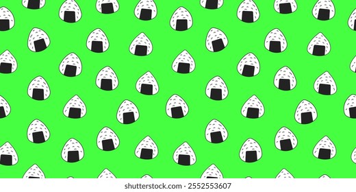 Fondo de patrón transparente Onigiri. Motivo de Onigiri en verde. Bola de arroz japonesa envuelta con algas marinas