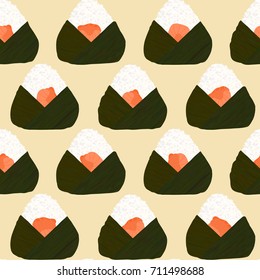 Onigiri seamless pattern. Filled with salmon. Asian snacks wrapped in seaweeds. Pescatarian dish. Sticky rice balls. Japanese cuisine. Illustration. Lunch background.