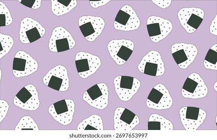 Onigiri seamless pattern japanese food vector. Triangle rice balls with sesame seeds wrapped with nori seaweed. Perfect for Japanese food branding, packaging, wallpaper, stationery