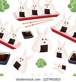 Onigiri seamless pattern with sauce and wasabi. Asian food. Onigiri bunny.