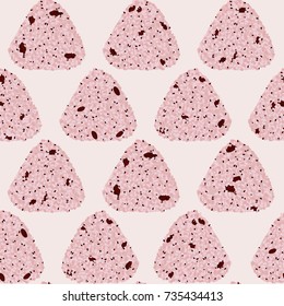 Onigiri seamless pattern. Sekihan. Asian snacks filled with Azuki beans and sesame seeds. Pink sticky rice balls. Japanese cuisine. Illustration. Lunch. Food background.