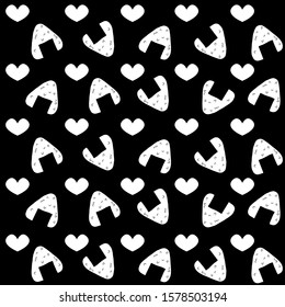 onigiri seamless pattern with white hearts white borders on black backgound. 
