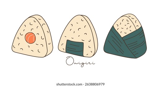 Onigiri set, Japanese food. Seafood, salmon, rice, nori. Rice food with stuffing. Set of different Japanese rice ball. Traditional asian cuisine. Vector linear sketch illustration For menu, recipe
