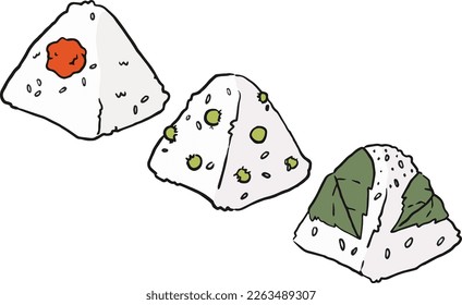 onigiri set ,triangle isometric shape, rice ball with umeboshi, rice ball with green pea, rice ball with green shiso