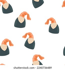 Onigiri with shrimp. seamless pattern. Asian food background. Perfect for restaurant cafe and print menus. Vector hand draw cartoon illustration.