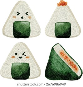 Onigiri con cara sonriente Vector de salmón ilustración de acuarela dibujado a mano