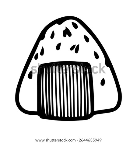 Onigiri sprinkled with sesame seeds. Hand drawn doodle vector. Traditional Asian food rice triangle in nori with seafood, mushrooms, eggs filling. Restaurant menu. Illustration line art element.