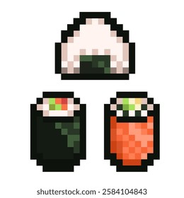 Onigiri and sushi with nori or seaweed and fresh salmon ready to eat vector pixel art for element, sticker, icon, game