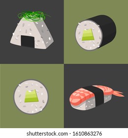 Onigiri, sushi and rolls flat style vector set on a colored background (part 1)