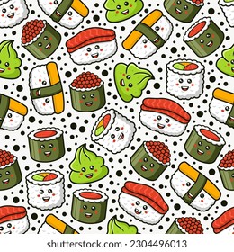 Onigiri and sushi seamless dodle pattern design background for label product, shop logo, stamp, banner, and more