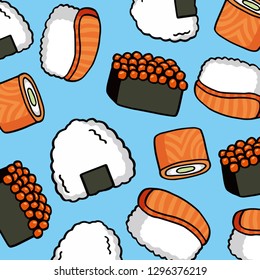 onigiri and sushi seamless doodle pattern