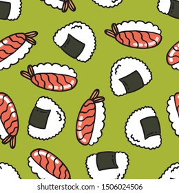 onigiri and sushi seamless doodle pattern, vector illustration