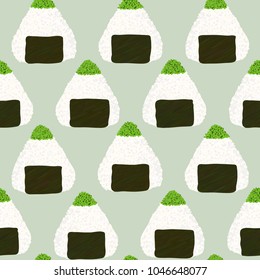 Onigiri topped with green tobiko roe. Seamless pattern. Triangle rice balls wrapped with nori seaweed. Illustration. Japanese cuisine. Lunch texture.