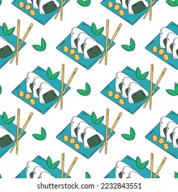 Onigiri traditional Japanese dish background. Asian food colored retro seamless pattern. Snack with rice print for package design, paper, textile vector illustration