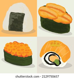 Onigiri, Uni, Salmon roe sushi, Ikura watercolor art. Seamless Japanese food background.