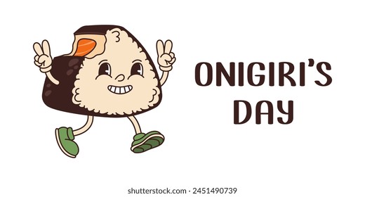 Cartel del día de Onigiri. Evento de comida japonesa. Retro groovy triángulo de arroz sonriente. Ilustración plana de Vector.