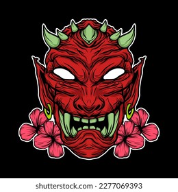 Onimask design illustration with flower in japanese style suitable for t shirt and printing