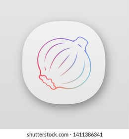 Onion app icon. Vegetable farm. Agriculture plant. Salad ingredient. Healthy nutrition. Greenery. Healthy food. Vegan. UI/UX user interface. Web or mobile applications. Vector isolated illustrations