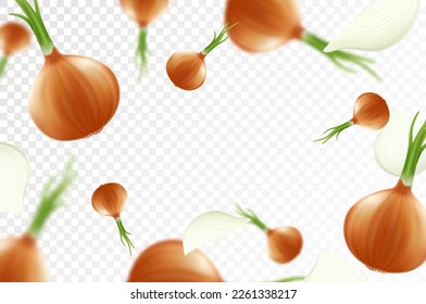 Fondo de cebolla. Cayendo cebollas recién maduras, aisladas en un fondo transparente. Enfoque selectivo. Volando cebollas desenfocadas. Aplicable a ketchup, publicidad de jugo. Vector 3d realista