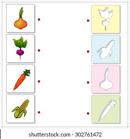Onion, beet, carrot and corn. Educational game for kids. Choose the correct silhouettes on the opposite side and connect the points