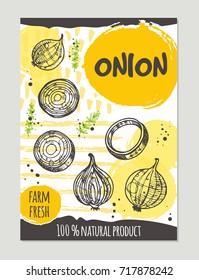 Onion Brochure Concept Design. Retro Background. Hand Drawn Vector Illustration. Can Be Used For Street Festival, Farmers Market, Country Fair, Shop, Menu, Cafe, Restaurant, Poster, Banner.