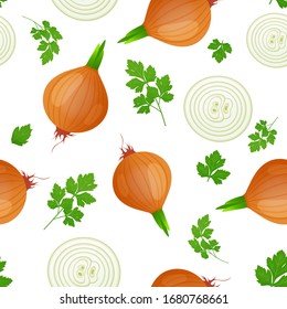 Bombilla de cebolla con brote verde y rodajas aisladas sobre fondo blanco. Cebolla madura con hojas de perejil. Ilustración vectorial. Patrón sin problemas.
