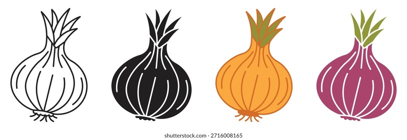 Ícone de bulbo de cebola Definir Coleção de Vários Estilos. Ilustração vetorial. 