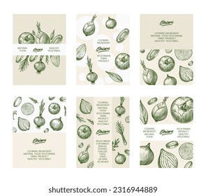 Cartel o pancarta de la bombilla de cebolla, tajada de medio corte y anillos. Mano dibujada con tinta de estilo vintage. Diseño de contorno gráfico lineal. Platos vegetarianos detallados. Ilustración vectorial para etiqueta, afiche e impresión