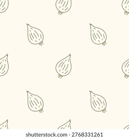 Onion Bulb Seamless Pattern. Sparse Vegetable Background in playful outline style. Food Kitchen Textile Packaging Design. Vector illustration