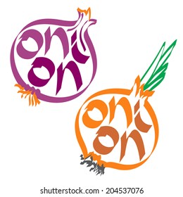 Onion calligraphy, typography. Vegetable calligraphy. Vegetable typography.