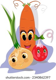 Onion, carrot and radish cartoon vector illustration. Cartoon vegetables