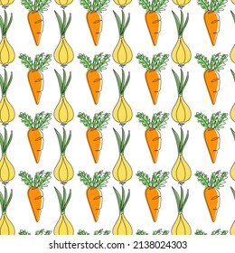 Onion and carrot seamless pattern on white background. Organicvegetable vector illustration. Endless repeatable print.