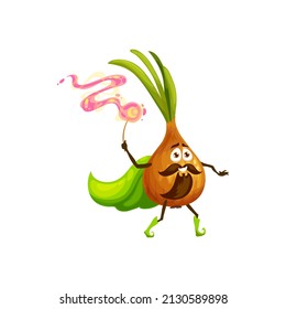 Onion cartoon character with magic wand and cape isolated cute emoticon with mustaches and beard. Vector cute veggie, fresh kawaii vegetable sorcerer with green leaves, farm garden magician