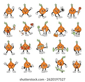 Onion cartoon characters with emotions actions objects costumes food and science elements in groovy retro outline style