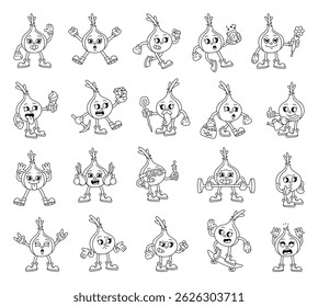 Onion cartoon characters with emotions actions objects costumes food and science elements in groovy retro outline style