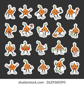 Onion cartoon characters with emotions actions objects costumes food and science elements in groovy retro outline style