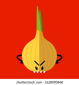 Onion character. Angry face onion. Emotion aggression. pungent taste. Cartoon ctyle.