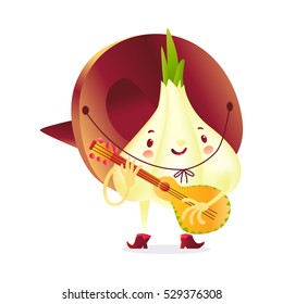 Onion character in boots and sombrero playing Mexican guitar, cartoon vector illustration isolated on white background. Onion in cowboy boots and big sombrero playing guitar and singing serenade