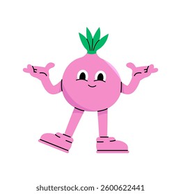 Onion character illustration. Food design for children books. Flat vector cartoon illustration isolated on white background.